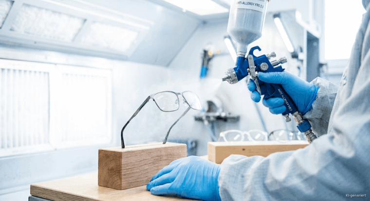 Metallbrille wird in einer Lackierkabine mit einer Sprühpistole beschichtet